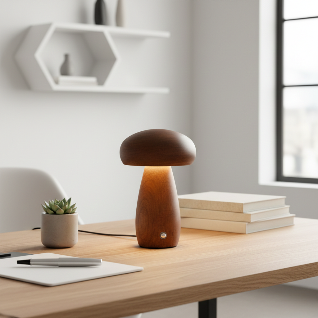 USB Rechargeable Wooden Table Lamp – Mushroom Design