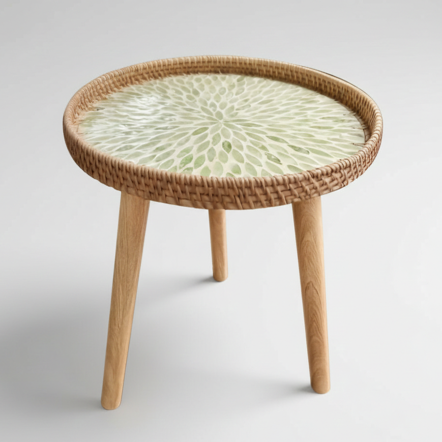 Scandi Wooden Coffee Table - Handmade Round Rattan for Living Room