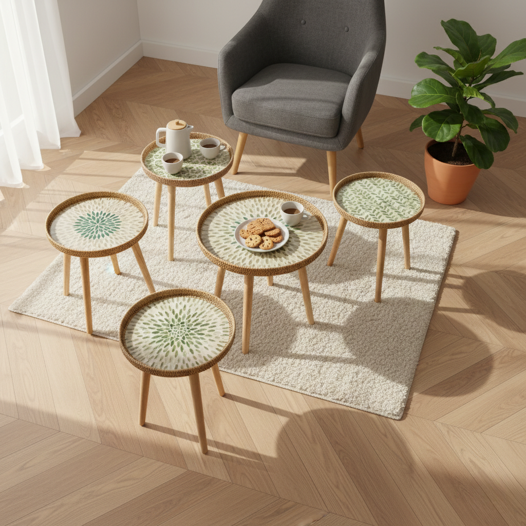 Scandi Wooden Coffee Table - Handmade Round Rattan for Living Room