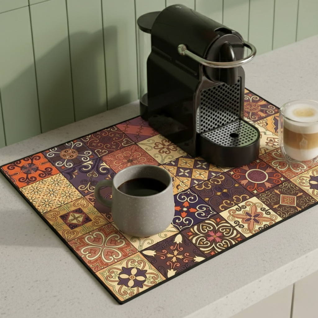 Retro Tile Design Absorbent Coffee Mat - Durable Rubber for Coffee Station