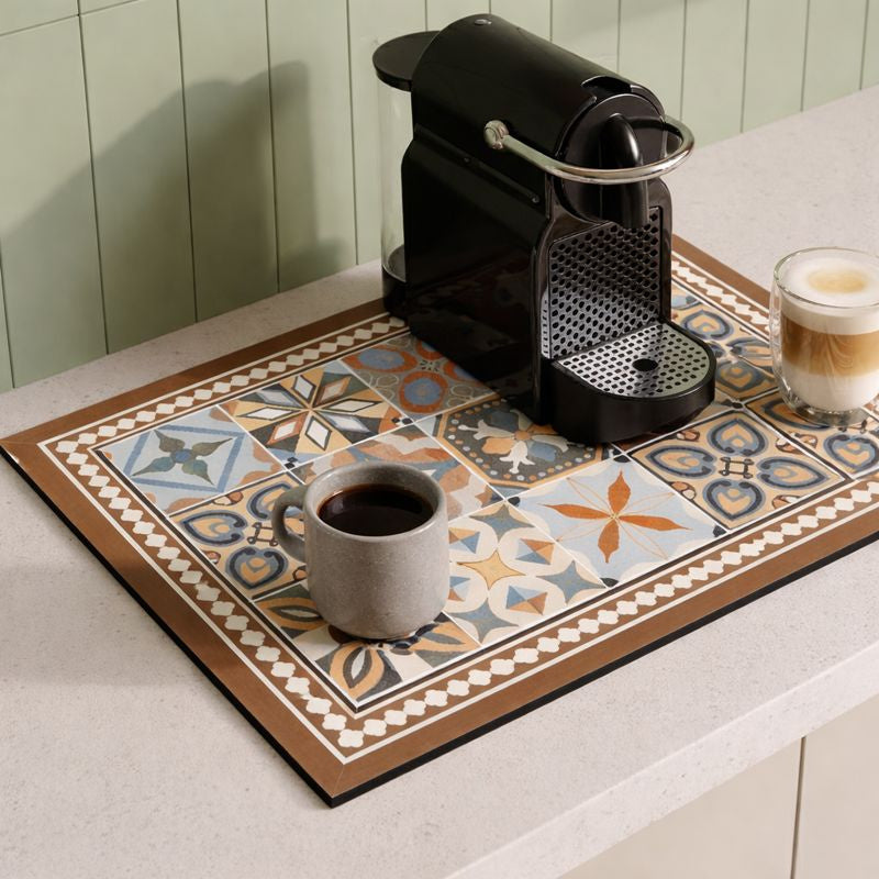 Retro Tile Design Absorbent Coffee Mat - Durable Rubber for Coffee Station