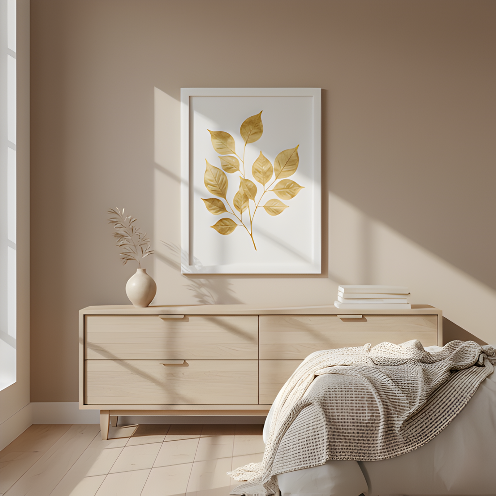 Golden Leaf Botanical Print | White Frame