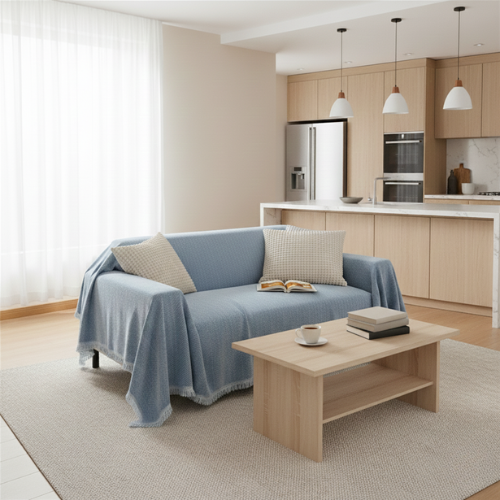 Minimal Herringbone Sofa Cover - Soft Fringe Finish