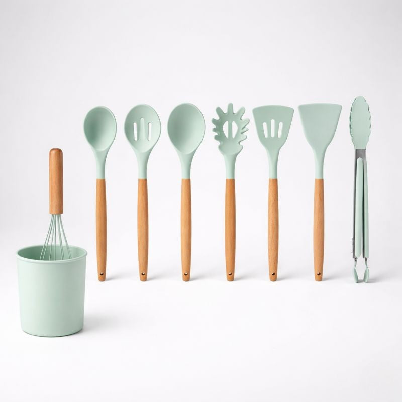 Non-Stick Silicone Cooking Utensils Set – Wooden Handles