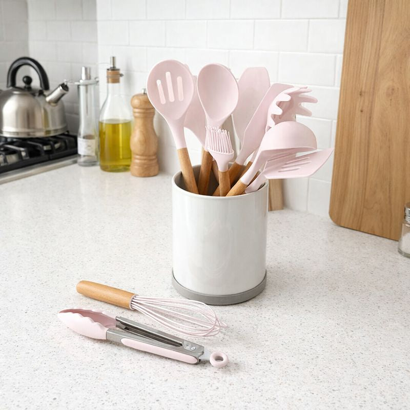 Non-Stick Silicone Cooking Utensils Set – Wooden Handles