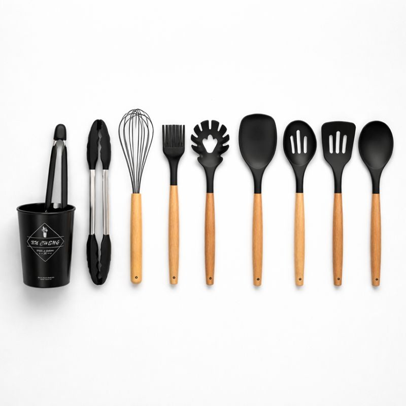 Non-Stick Silicone Cooking Utensils Set – Wooden Handles