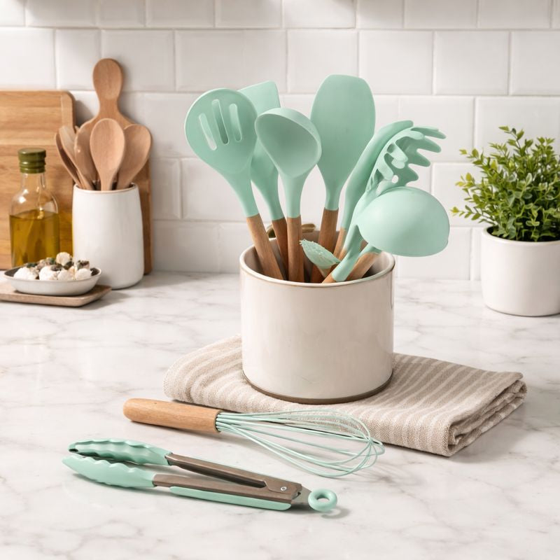 Non-Stick Silicone Cooking Utensils Set – Wooden Handles