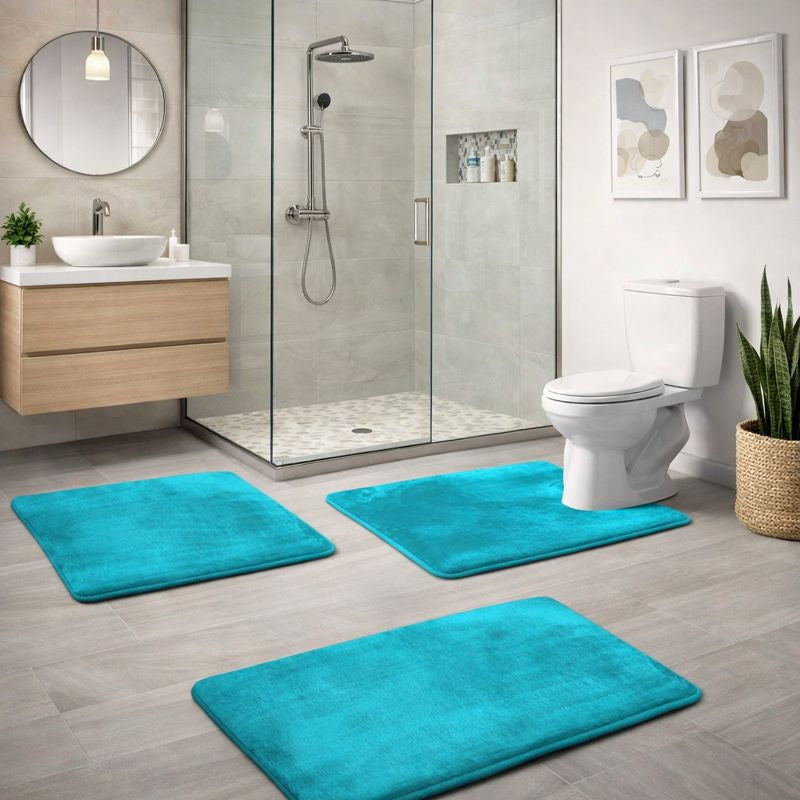 3-Piece Bath Mat Set – Velvet Memory Foam Non-Slip Bathroom Rugs