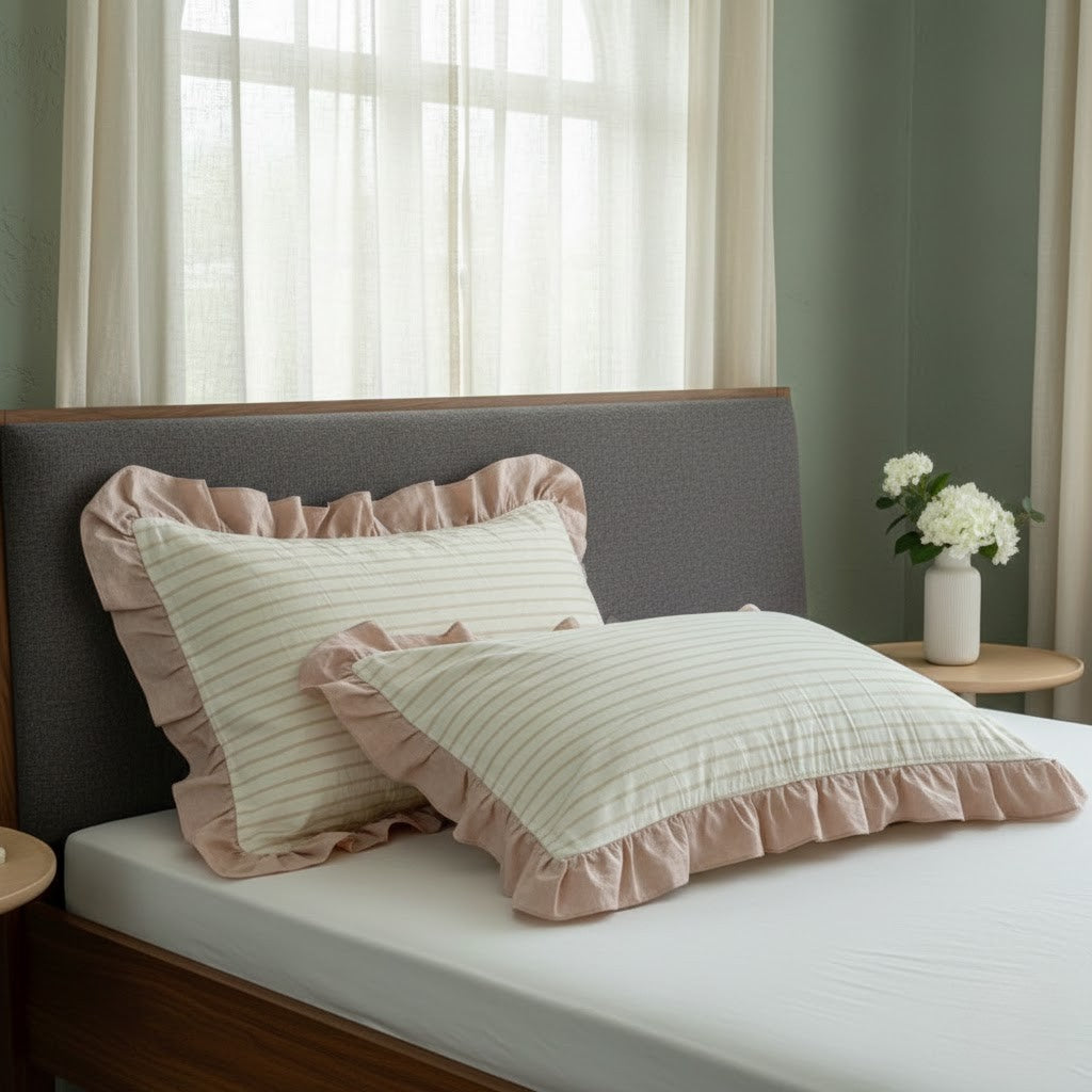 Pillowcase Set - Striped Ruffled Lace