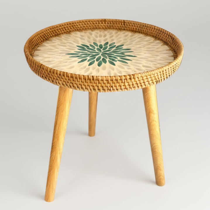 Scandi Wooden Coffee Table - Handmade Round Rattan for Living Room