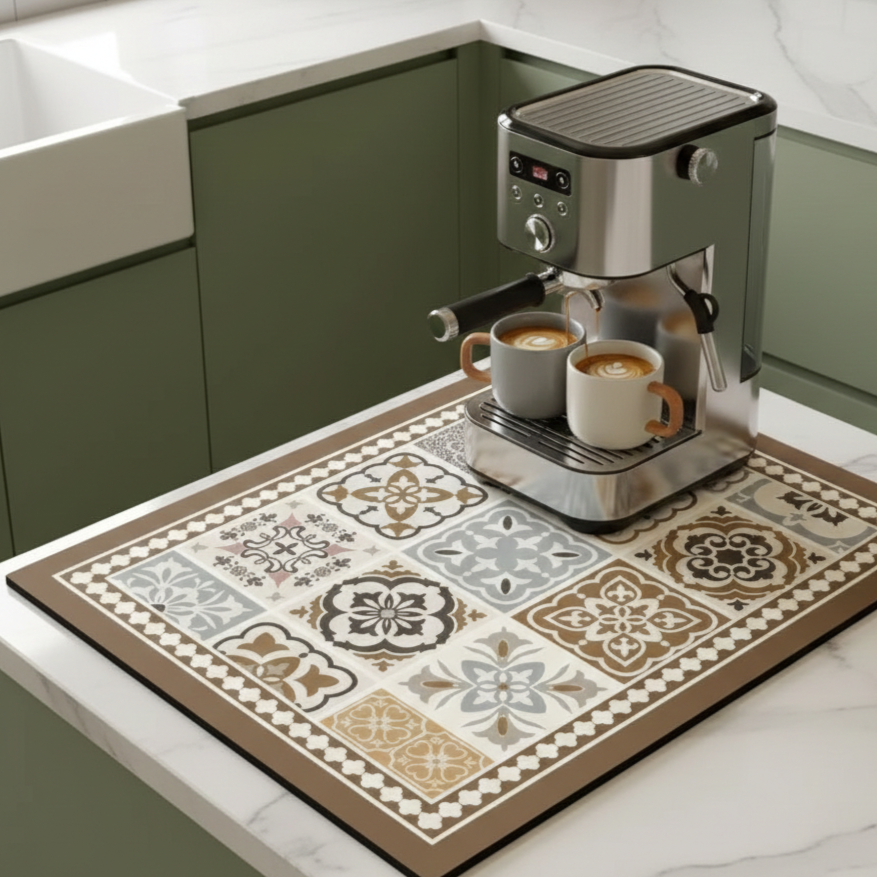 Retro Tile Design Absorbent Coffee Mat - Durable Rubber for Coffee Station