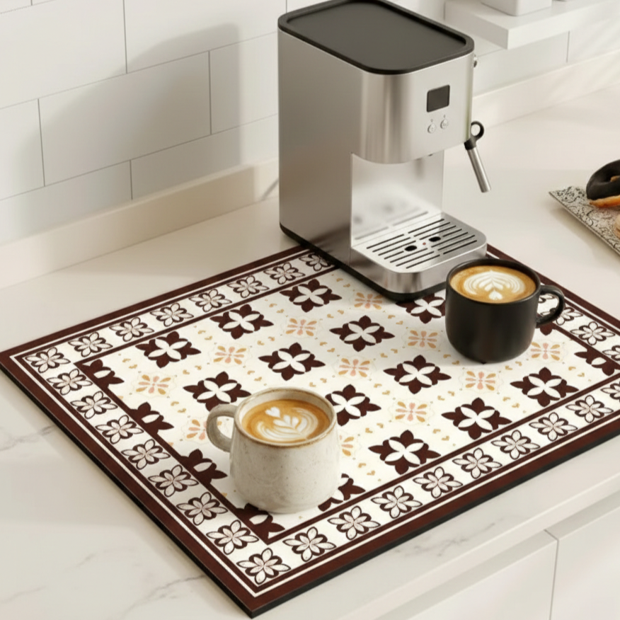 Retro Tile Design Absorbent Coffee Mat - Durable Rubber for Coffee Station