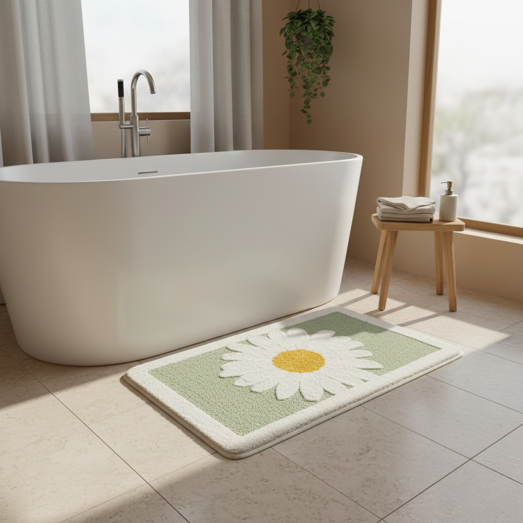 Plush Floral Bath Mat – Absorbent Soft Bathroom Floor Rug