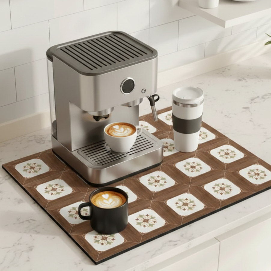 Retro Tile Design Absorbent Coffee Mat - Durable Rubber for Coffee Station