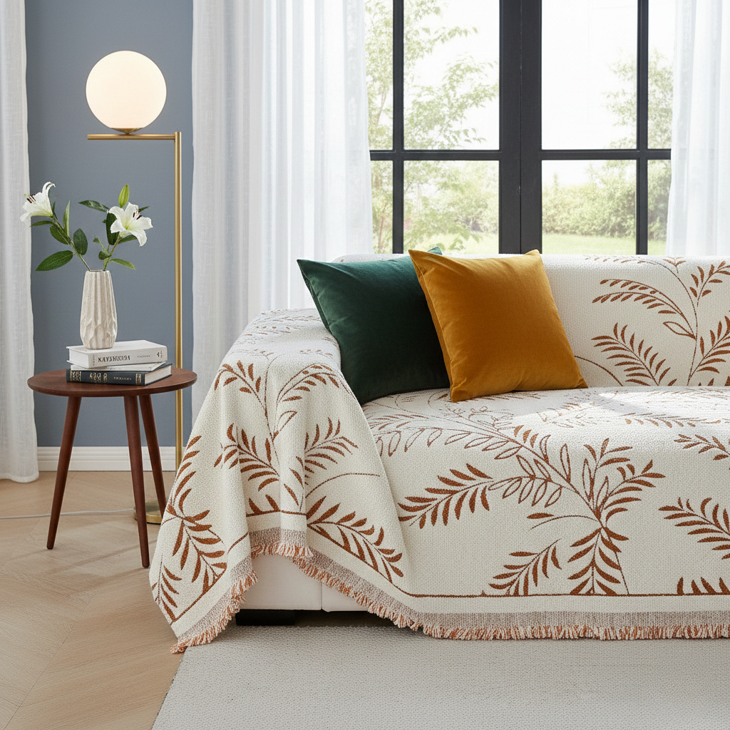 Cozy Winter Sofa Cover - Warm Botanical Pattern for Couch