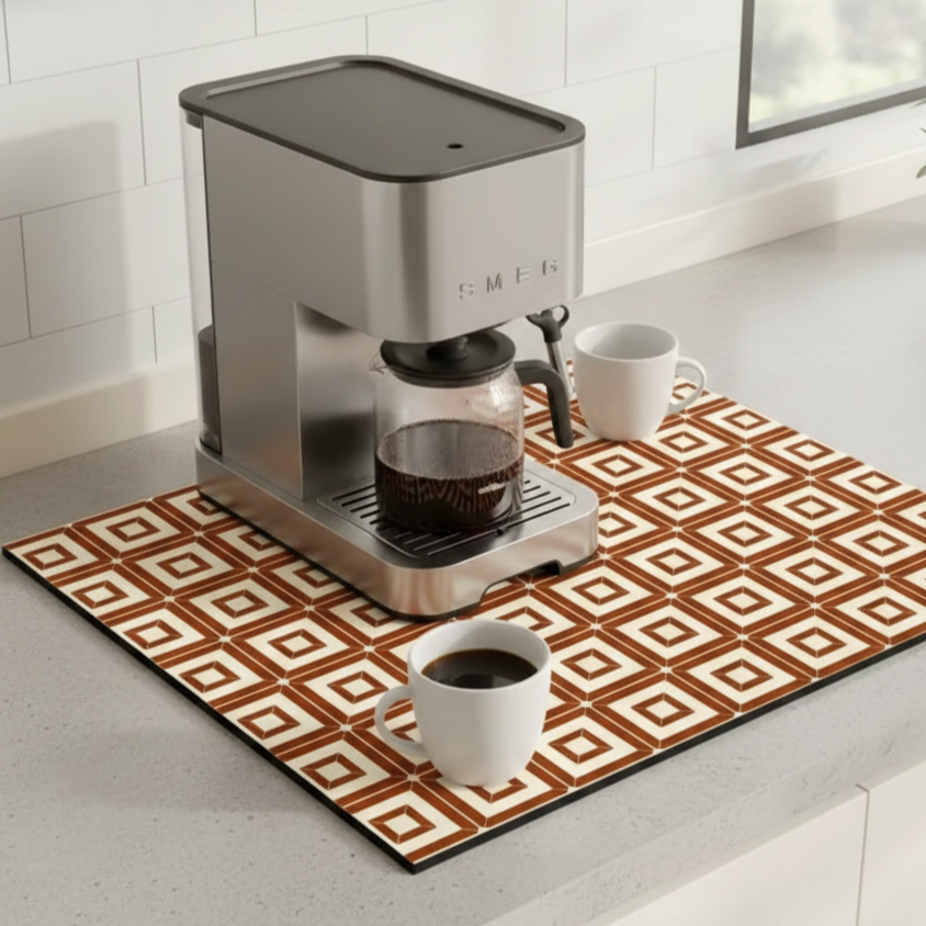 Retro Tile Design Absorbent Coffee Mat - Durable Rubber for Coffee Station