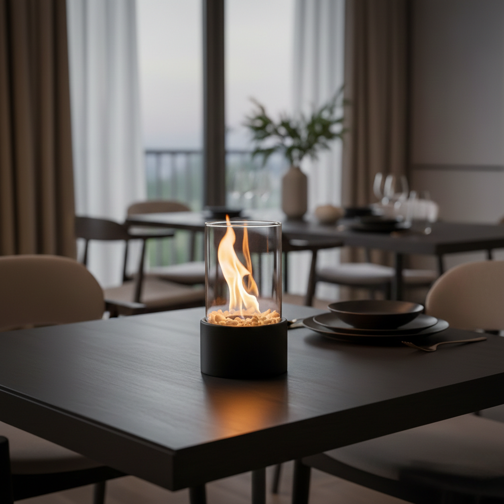 Sleek Flame Tabletop Fireplace – Stylish Black Metal Base for Outdoor and Living Room