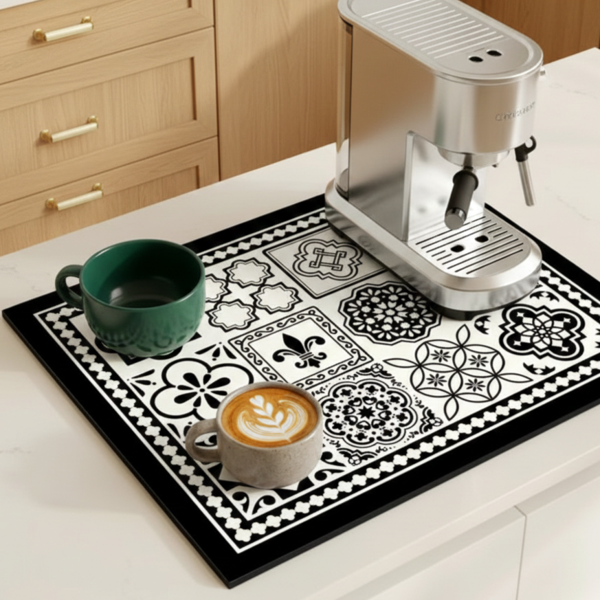 Retro Tile Design Absorbent Coffee Mat - Durable Rubber for Coffee Station
