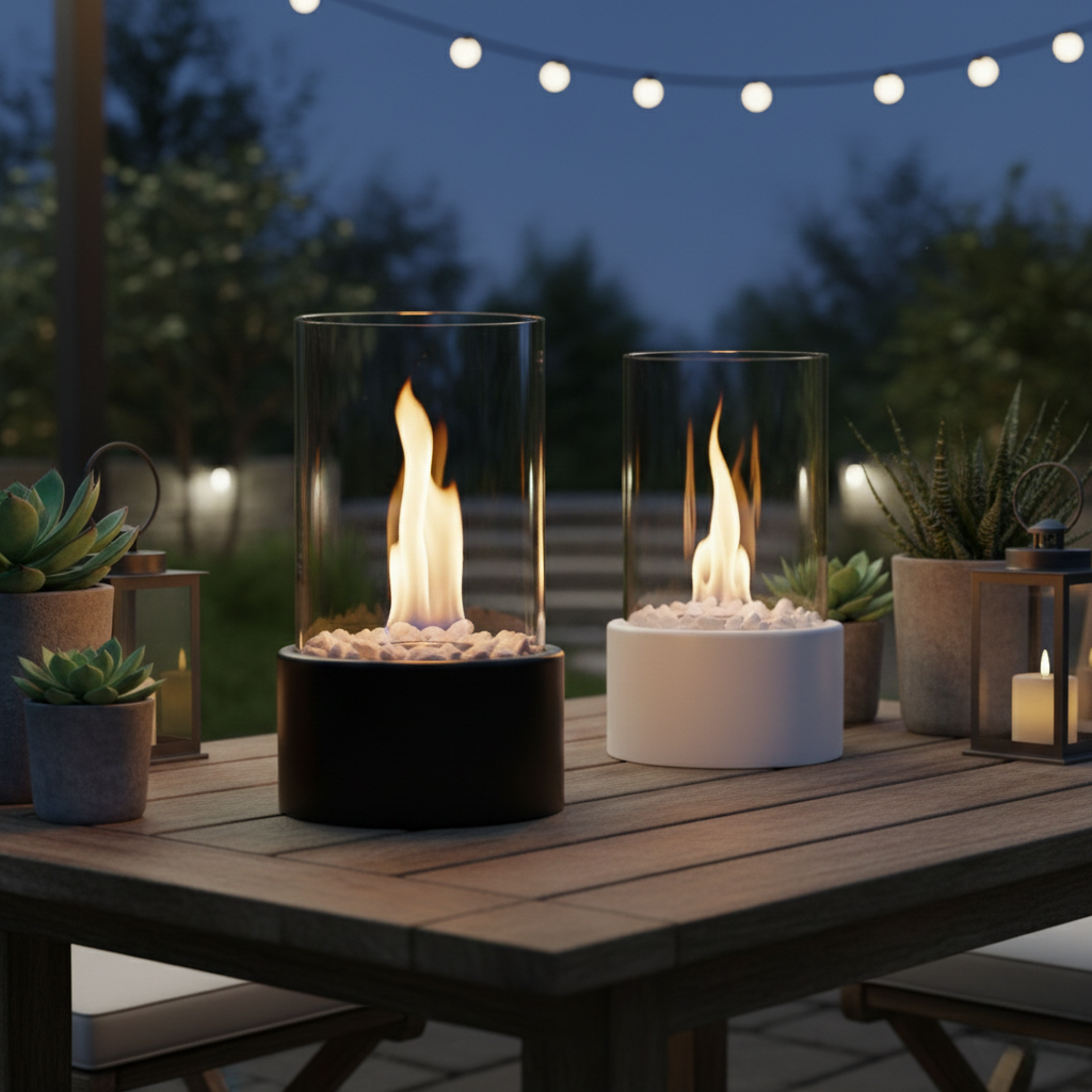 Sleek Flame Tabletop Fireplace – Stylish Black Metal Base for Outdoor and Living Room
