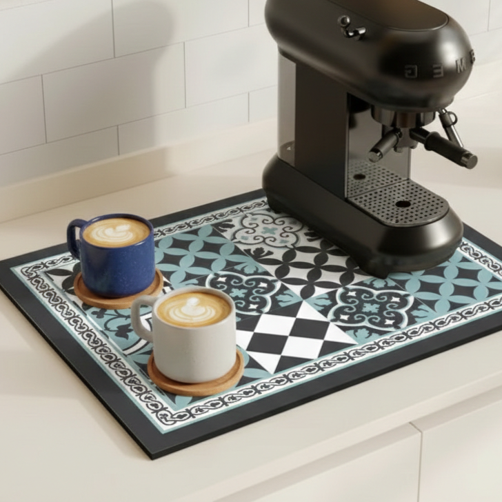 Retro Tile Design Absorbent Coffee Mat - Durable Rubber for Coffee Station