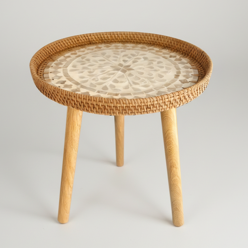 Scandi Wooden Coffee Table - Handmade Round Rattan for Living Room