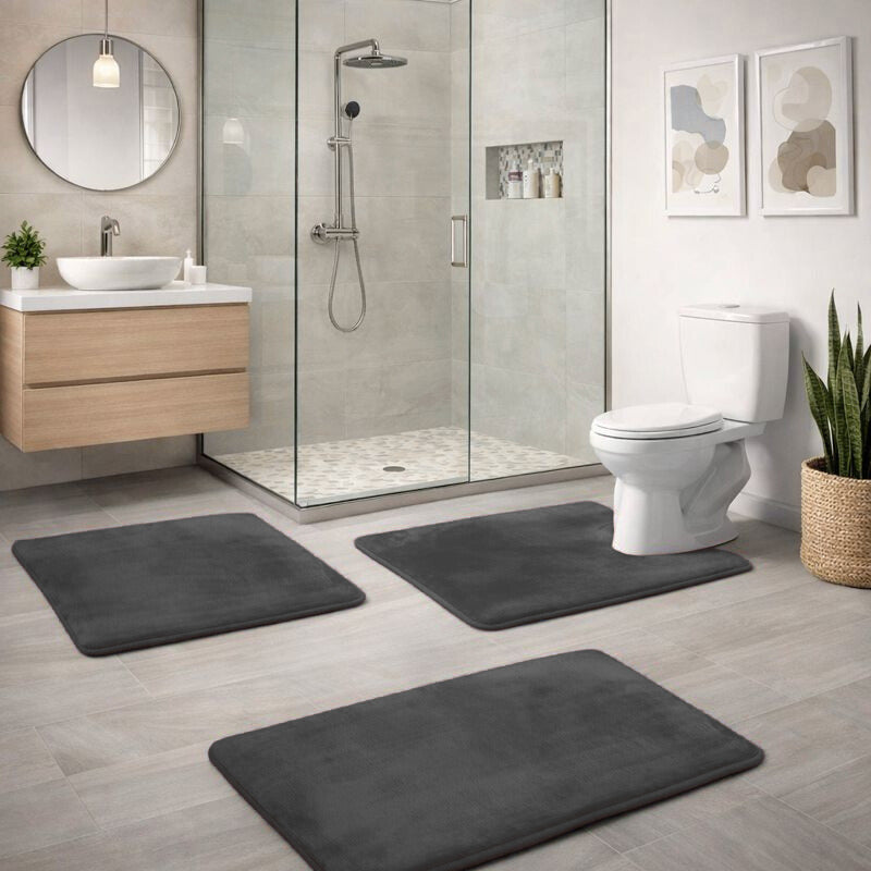 3-Piece Bath Mat Set – Velvet Memory Foam Non-Slip Bathroom Rugs