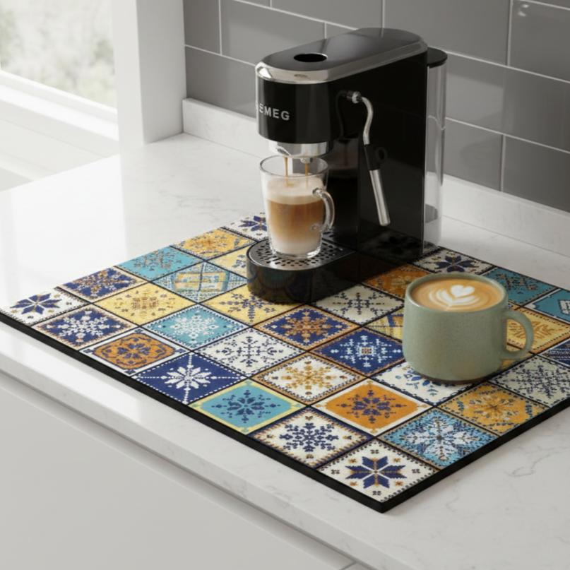 Retro Tile Design Absorbent Coffee Mat - Durable Rubber for Coffee Station