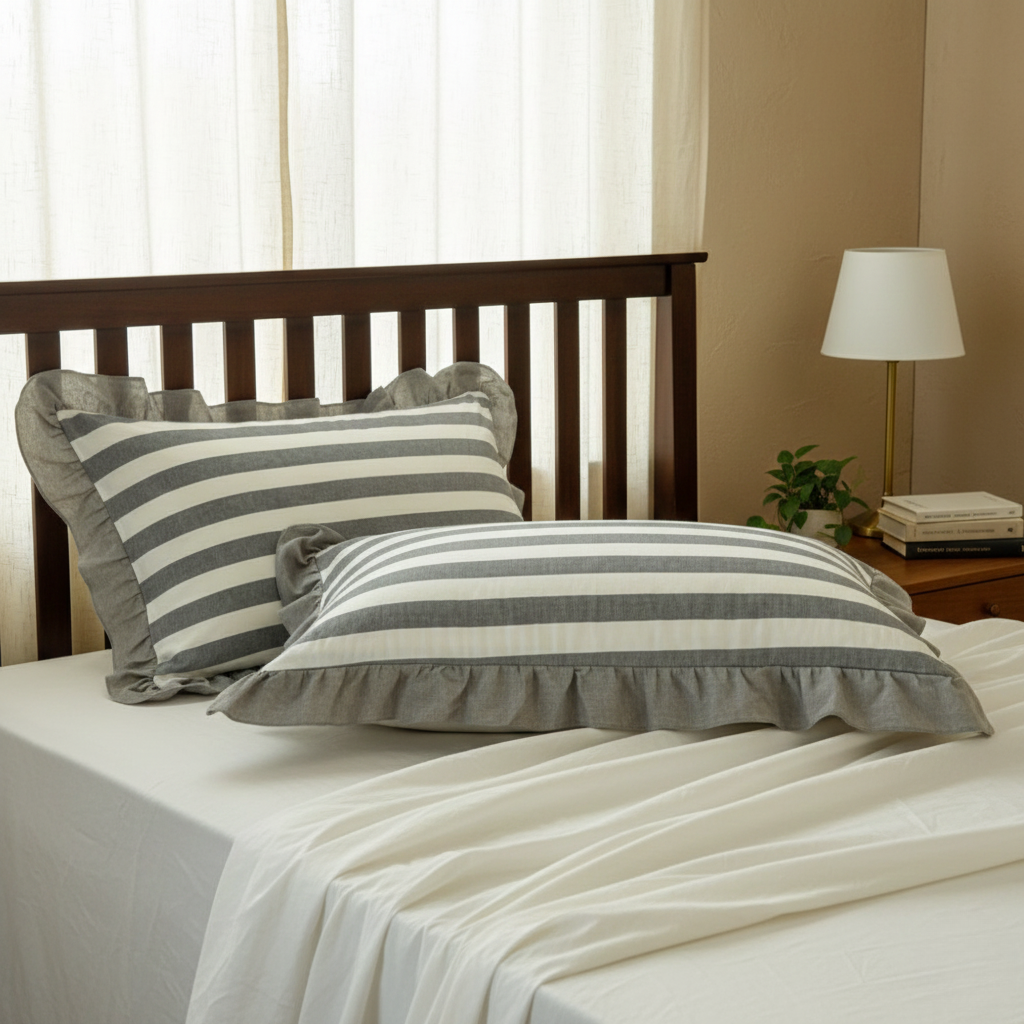 Pillowcase Set - Striped Ruffled Lace