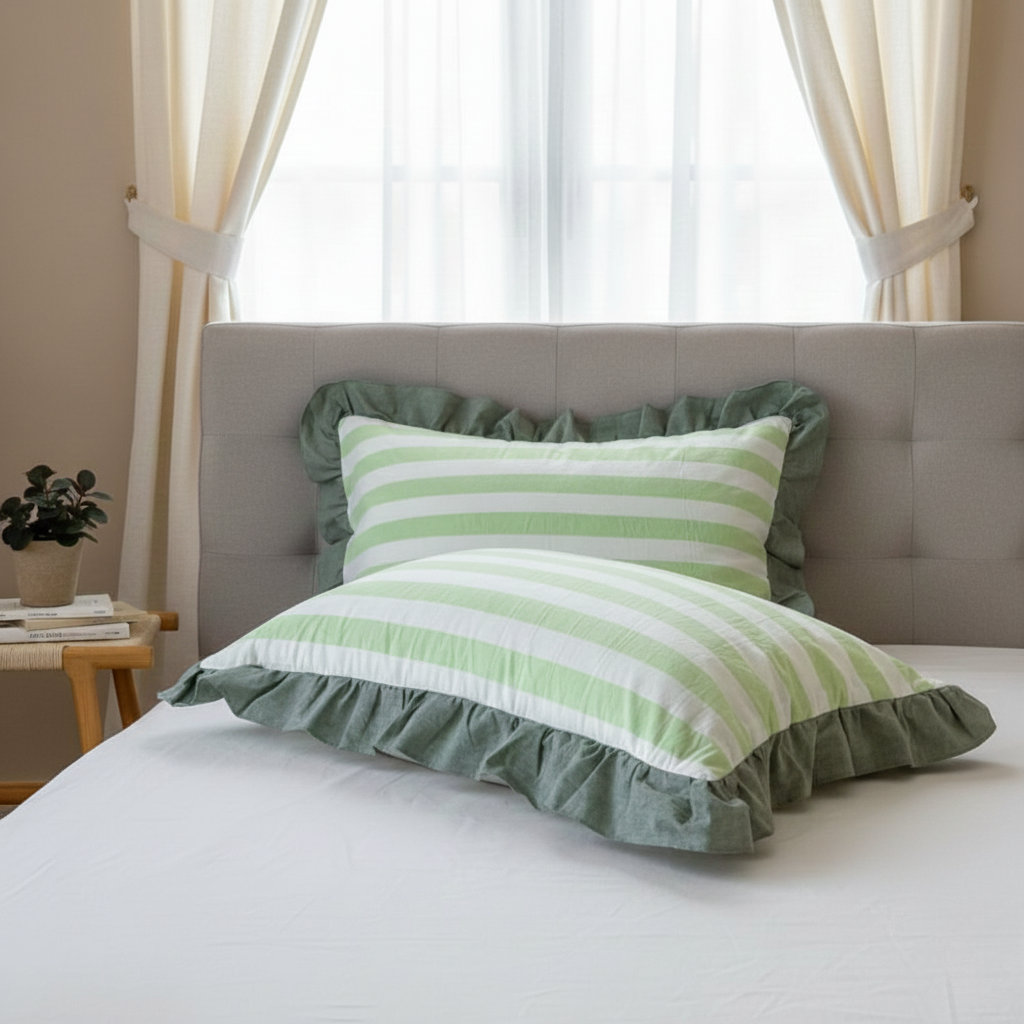 Pillowcase Set - Striped Ruffled Lace