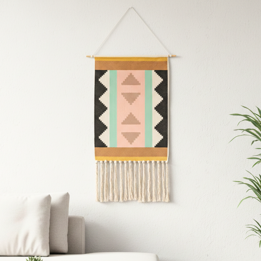 Macrame Fringe Wall Decor - Geometric Tufted Tapestry for Living Room