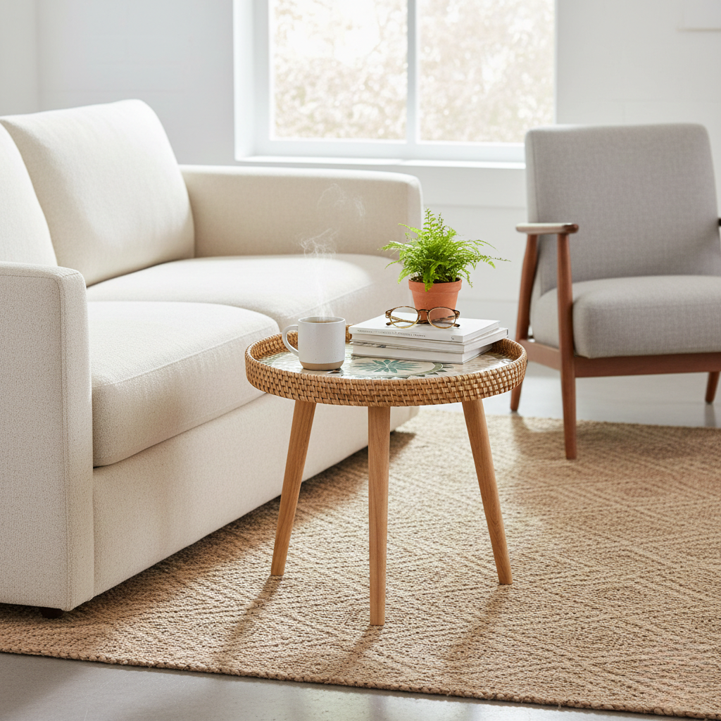 Scandi Wooden Coffee Table - Handmade Round Rattan for Living Room