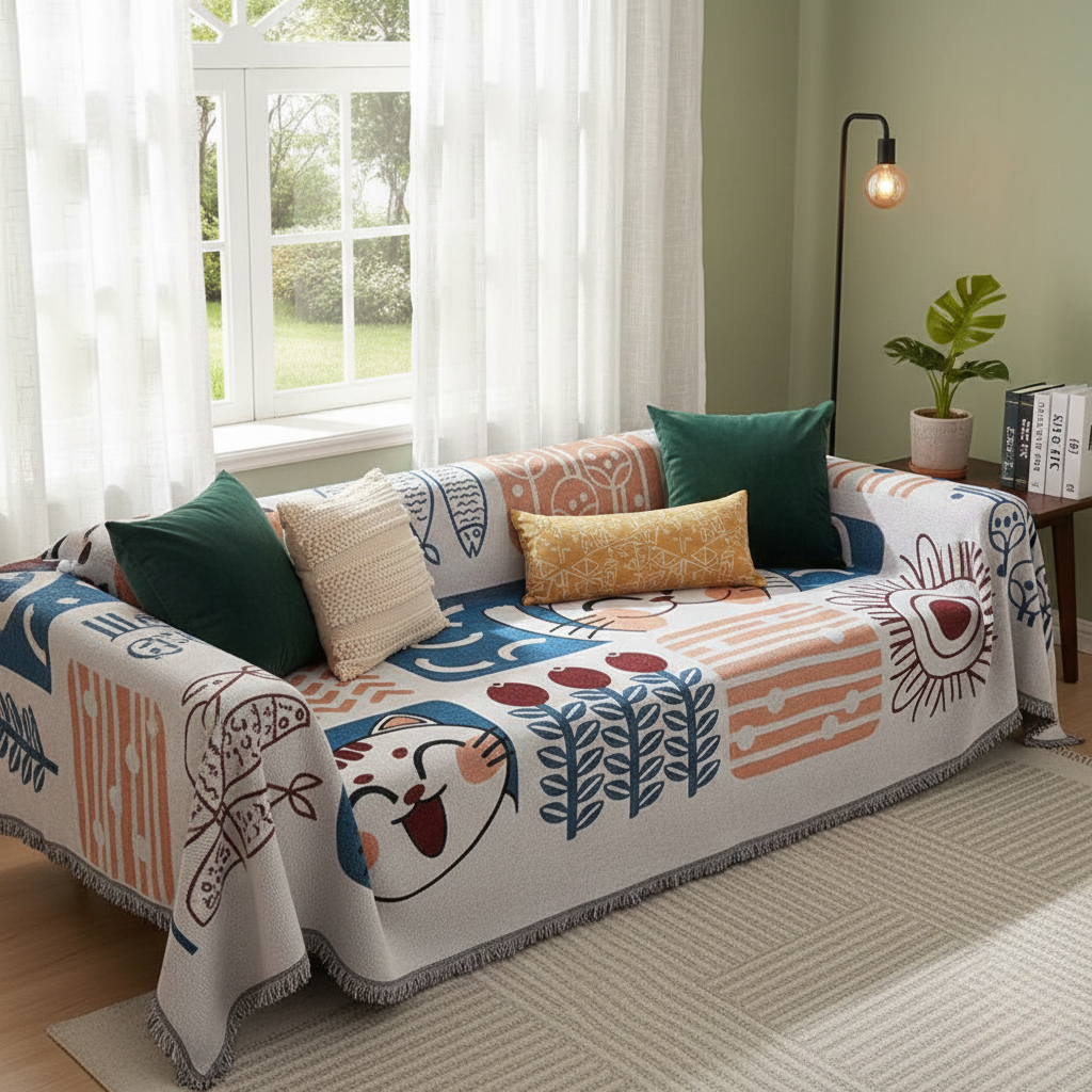 Jacquard All-Season Sofa Cover – Tassel Tide Textured Couch Cover