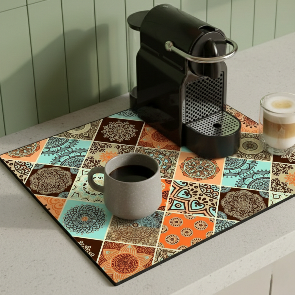 Retro Tile Design Absorbent Coffee Mat - Durable Rubber for Coffee Station