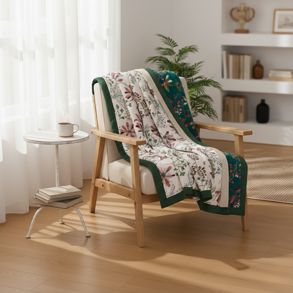 Cotton Floral Throw Blanket – Soft Lightweight Blanket for Sofa & Bed