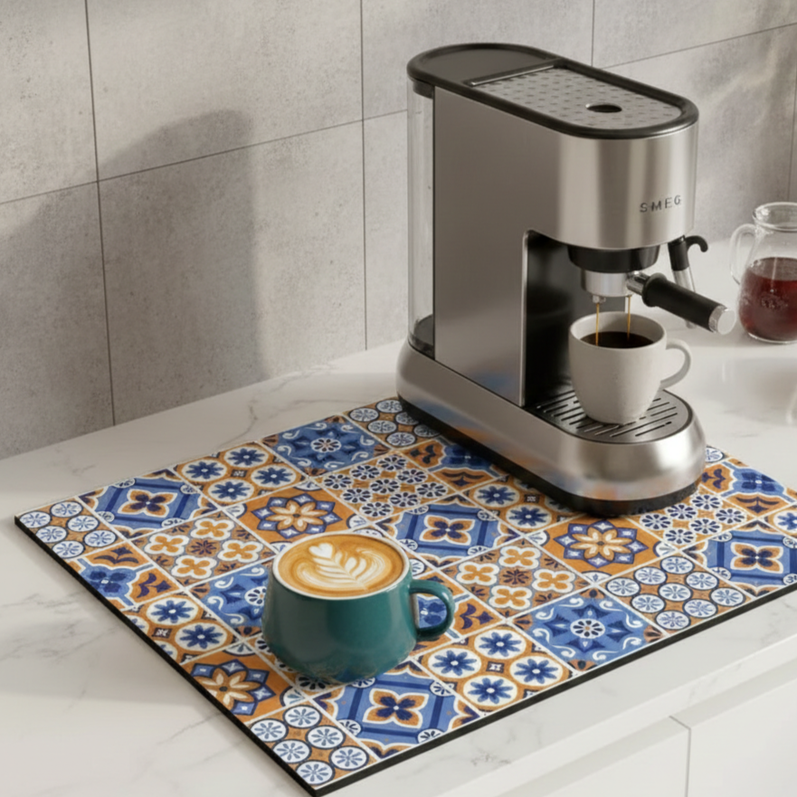 Retro Tile Design Absorbent Coffee Mat - Durable Rubber for Coffee Station