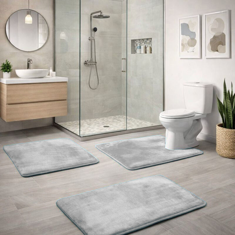 3-Piece Bath Mat Set – Velvet Memory Foam Non-Slip Bathroom Rugs