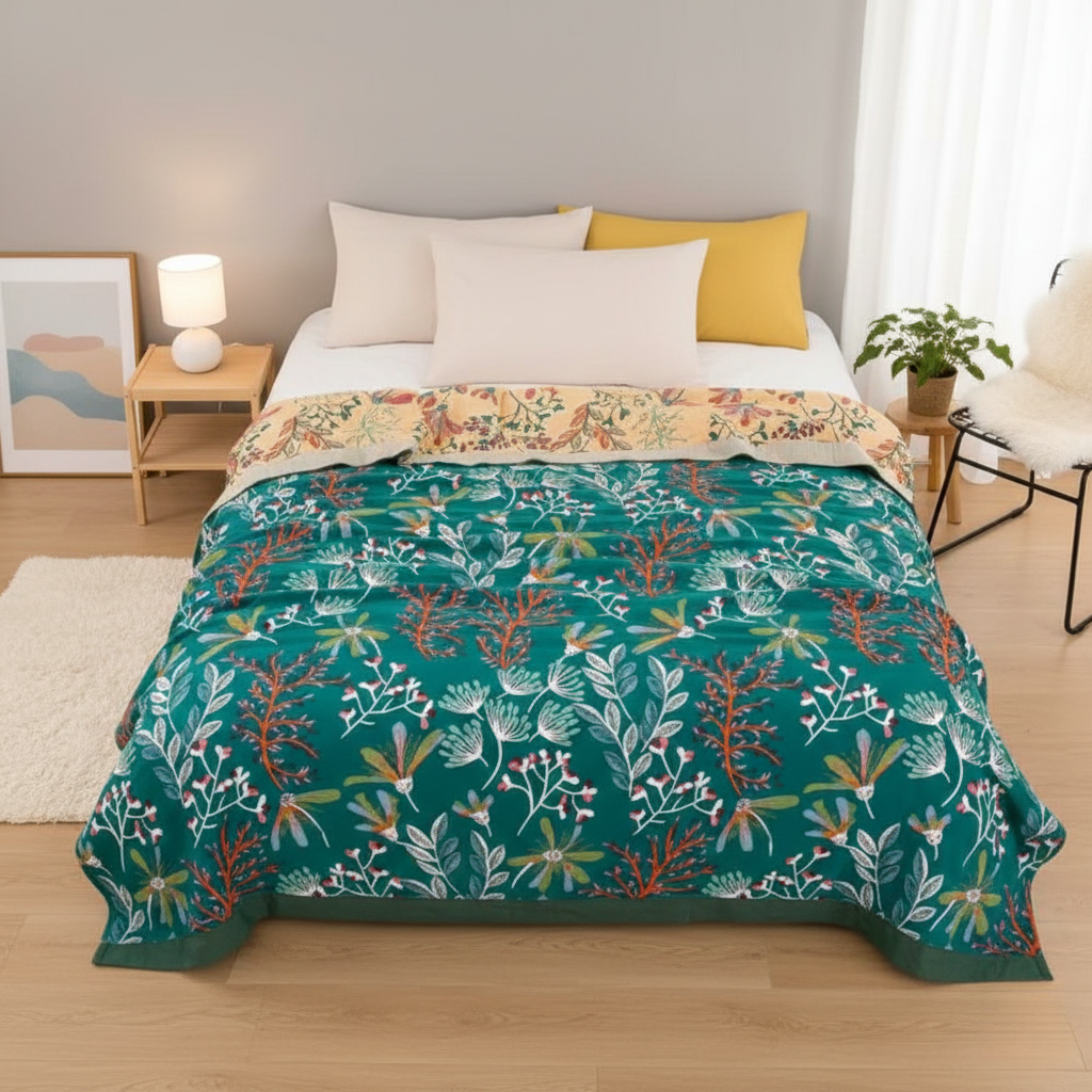 Cotton Floral Throw Blanket – Soft Lightweight Blanket for Sofa & Bed